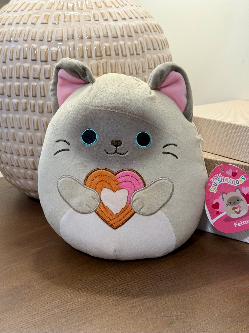 Squishmallows Gray Cat Plush with Pink Ears and Orange-Pink Heart